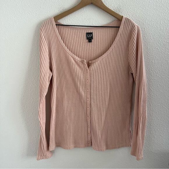 GAP Tops - GAP Pink Ribbed Long Sleeve Button Front Knit Top Shirt Blouse XL